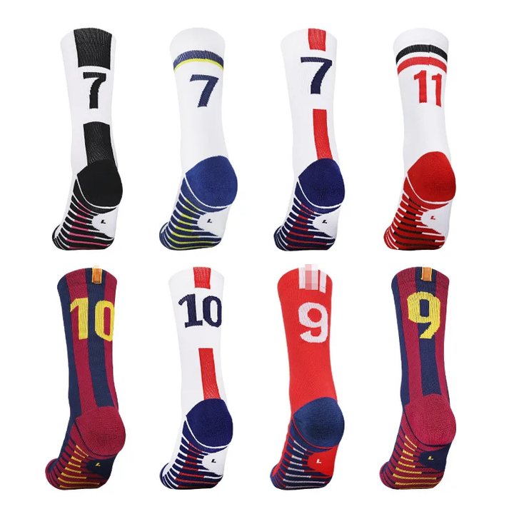 Eight numbered football socks in different colourways