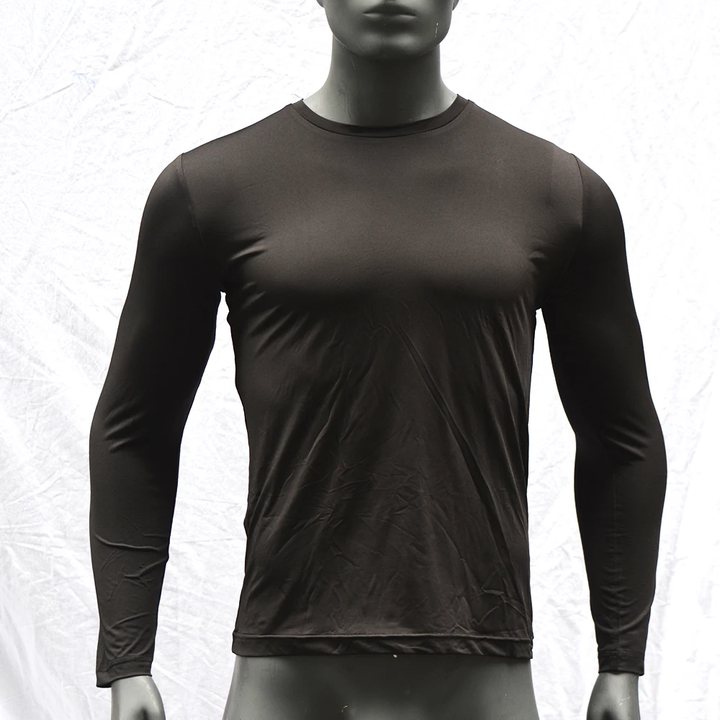 Dark brown long-sleeve rash guard on a mannequin, front view