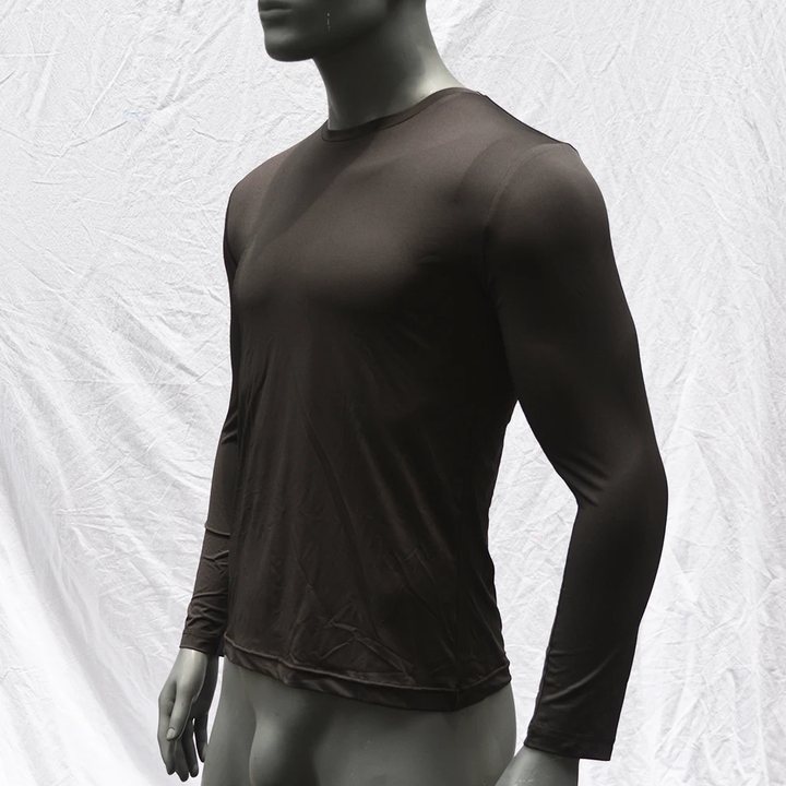 Dark brown long-sleeve rash guard on a mannequin, three-quarter view